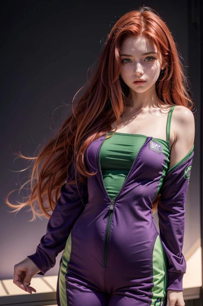 Teenage girl, red hair and green eyes, long, wavy and hot hair, purple top hero suit and purple shorts, naive expression, realistic flying, highly detailed, high quality. Full body