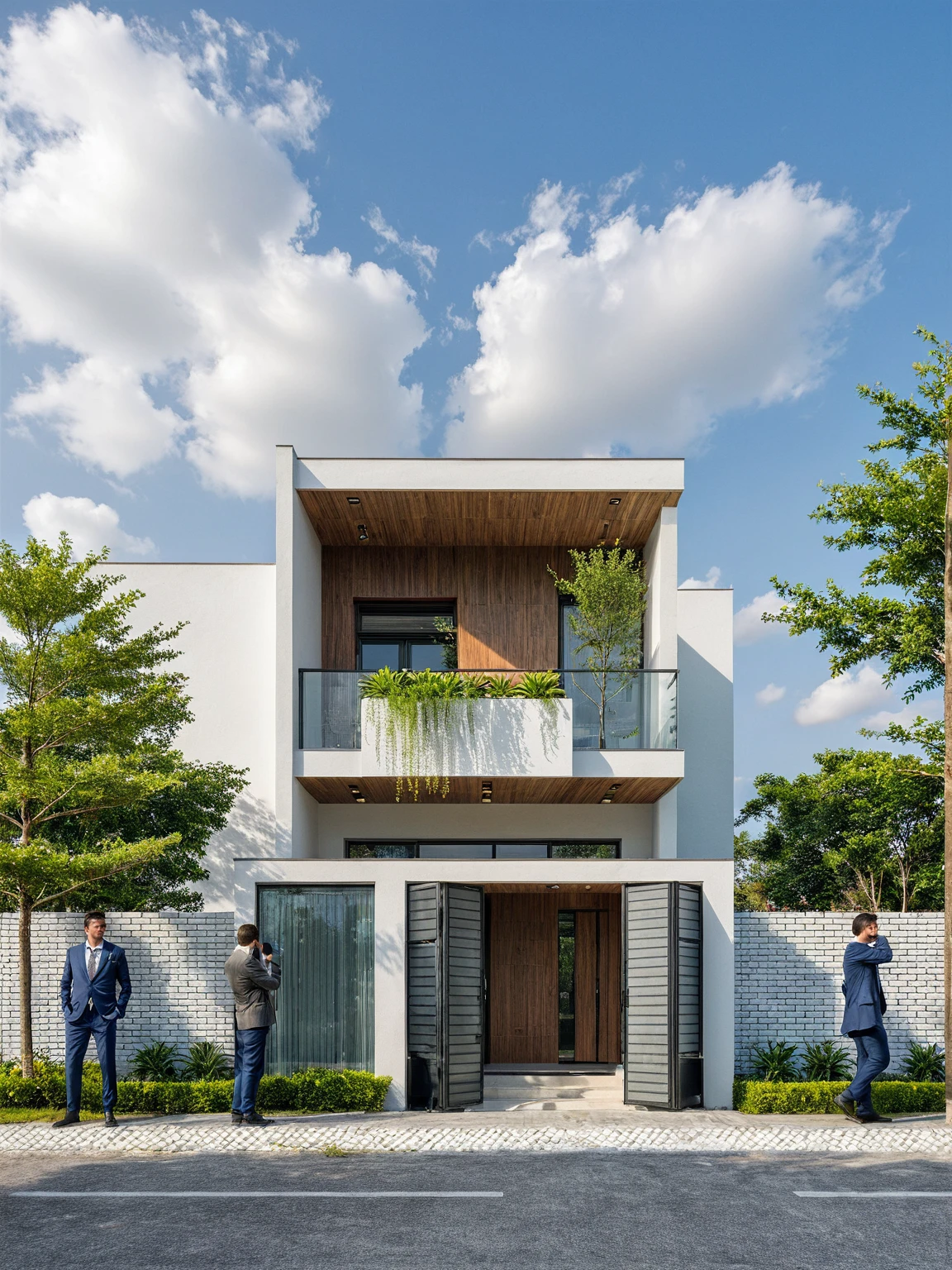 Masterpiece, high quality, best quality, authentic, super detail, outdoors, onestoreyvillaXL, aiaigroup, house style modern on the street ,stairs, white wall ,road,pavement, grass, trees, sky, cloud, (daylight:1.1)
