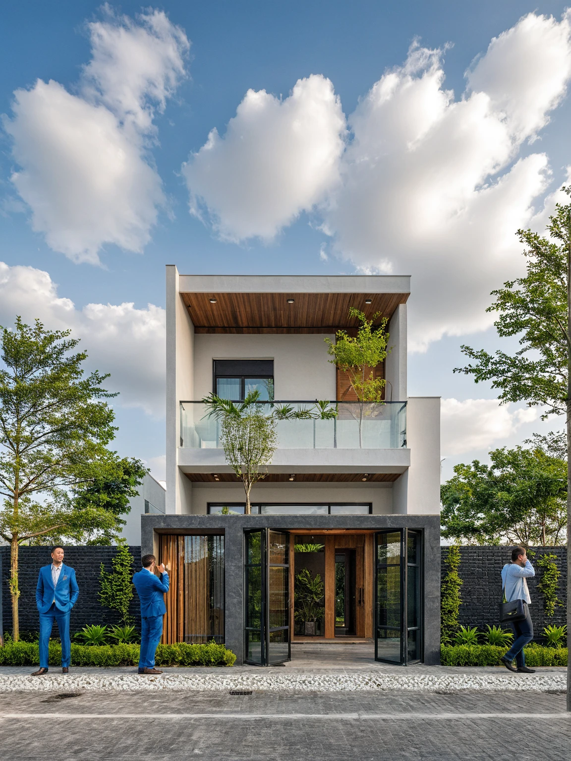 Masterpiece, high quality, best quality, authentic, super detail, outdoors, onestoreyvillaXL, aiaigroup, house style modern on the street ,stairs, white wall ,road,pavement, grass, trees, sky, cloud, (daylight:1.1)