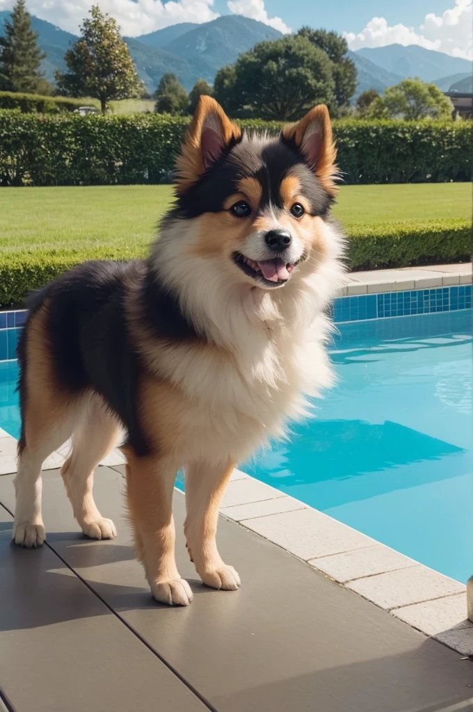Raise a small male German spitz dog by the pool