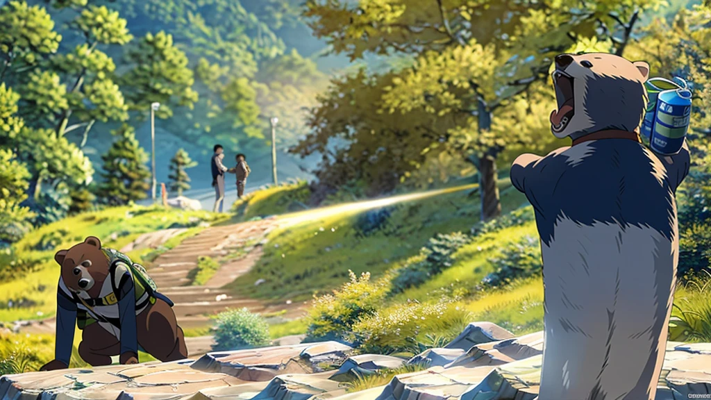(masterpiece), (best quarity), (high detailed), one man, spraying bear spray, bear attacking man, repelling bear with bear spray, in the woods, climbing, hiking
