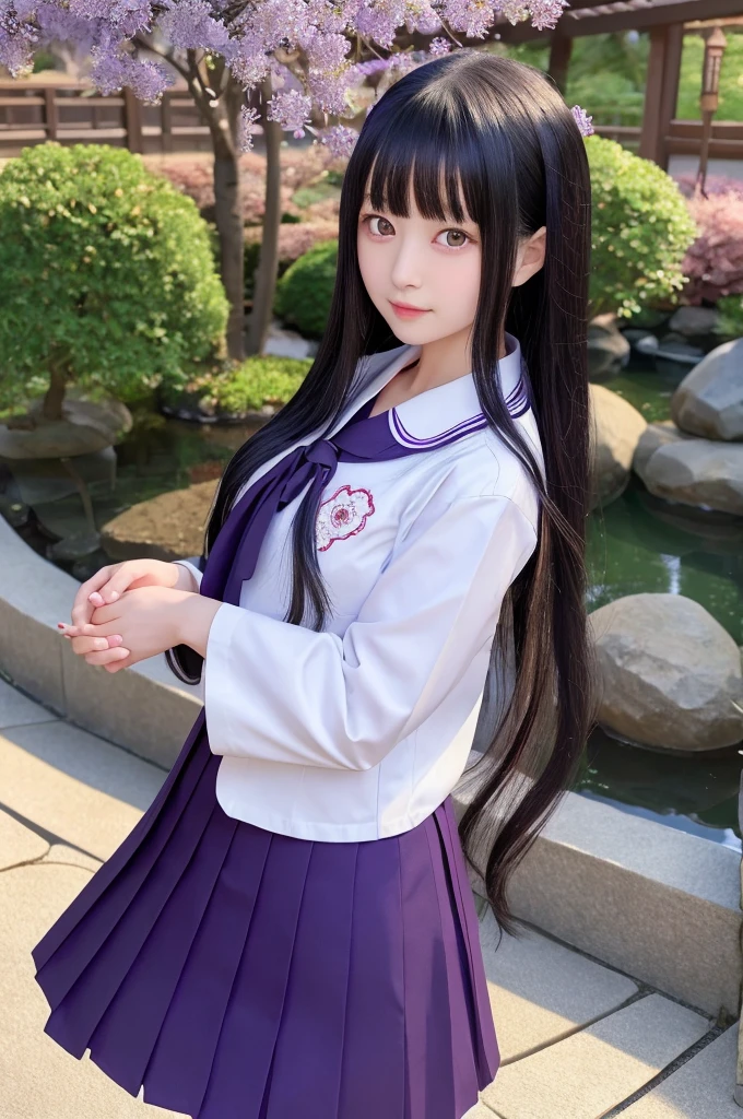 A hyper-realistic portrayal of Kaguya Shinomiya from Kaguya-sama: Love is War, (kawaii), (ero), standing in a tranquil Japanese garden at twilight, (detailed black hair:1.2), (school uniform) , long skirt , wearing her with realistic fabric textures, ((expressive purple eyes)), (school uniform), (intricate details:1.1), (serene background), (captivating atmosphere)