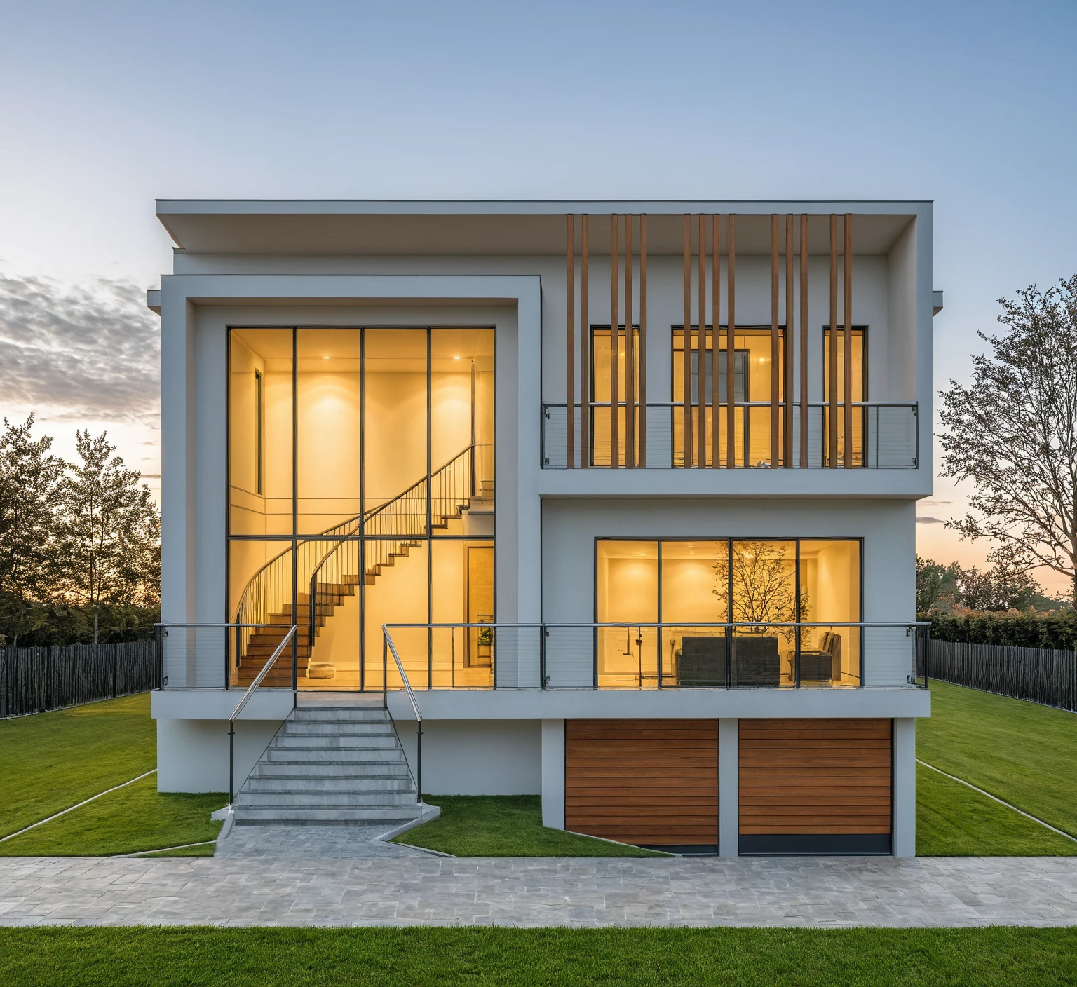 Masterpiece, high quality, best quality, authentic, super detail, outdoors, aiaigroup, house style modern , white wall , pavement, grass, trees, dusk sky, cloud, (daylight:1.1)

