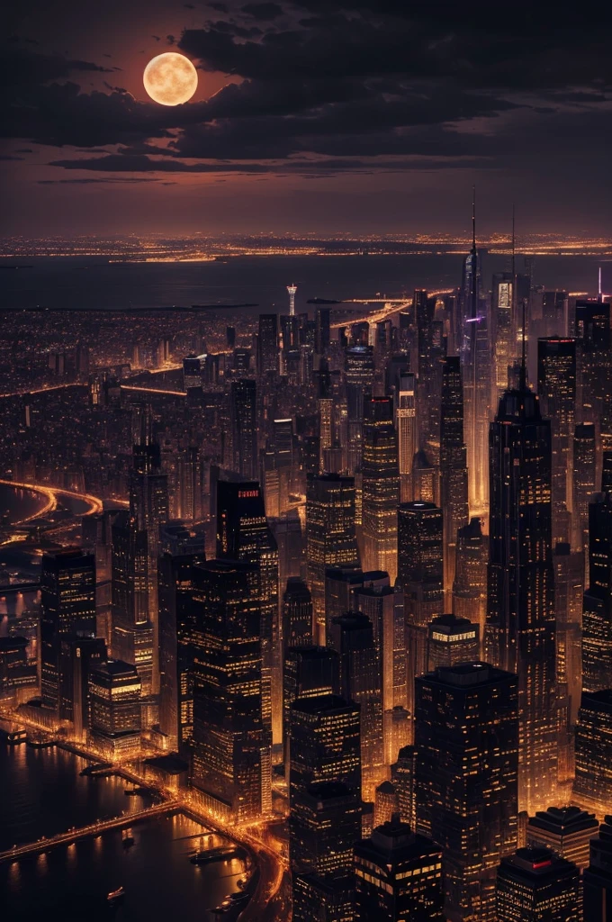 The cover features a stunning view of Gotham City, reimagined with towering skyscrapers and gothic architecture under a dark sunset sky.
The city's skyline is dominated by tall, shadowy buildings, illuminated by a mix of yellow and purple lights that reflect the twilight.
En el centro de la imagen, there's a dark silhouette of a lonely hero, in a contemplative moment looking at the horizon.
The sky is painted with shades of orange and purple, criando uma atmosfera sombria