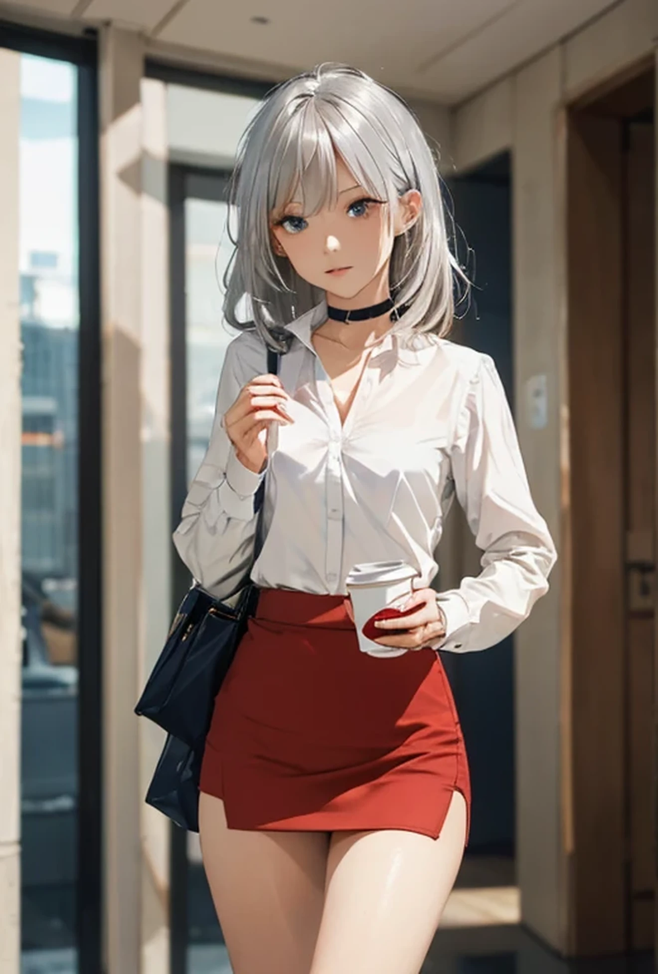 (Photorealistic:1.8, Highest quality:1.8,8K masterpiece:1.8,High resolution,Mastepiece:1.8,RAW Photos,Cinematic lighting)、Detailed Background、((Flat Color))、((colorful))、morning、Cafe、Window light、(Back view of a female secretary holding a coffee cup)、TWICE's Tzuyu' on pause、
(choker、White shirt、Black Mini Skirt、Beautiful thighs、Beautiful hips)、(A rich expression)、(Medium Hair、Beautiful, shining red, white, brown and silver hair:1.5)、Sparkling Blue Eyes、Random Pause