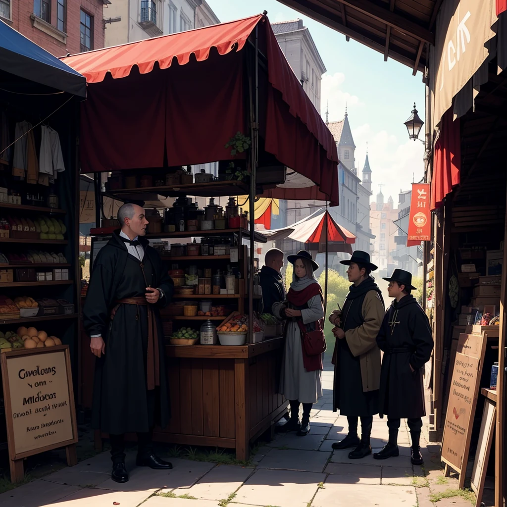 Medieval market the main character is selling goods while two guards look on from a distance, not mike mignola style