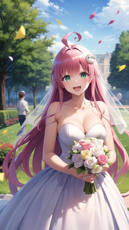 masterpiece, best quality, highres, aalala, long hair, ahoge, hair ornament, green eyes, breasts, wedding dress, white dress, strapless, garden, smile, holding bouquet, confetti, open mouth,