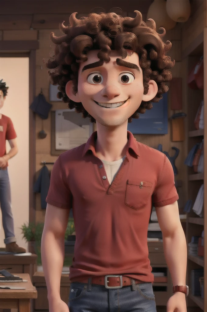 Man with red shirt, jeans and curly hair Impressed