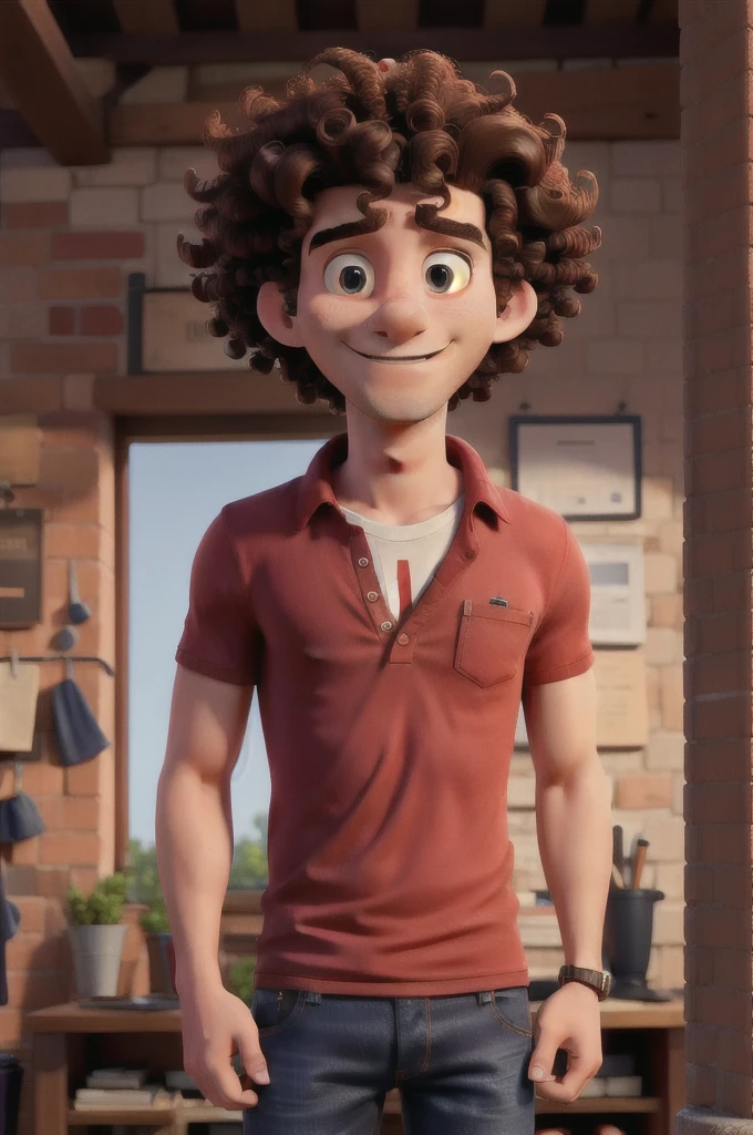 Man with red shirt, jeans and curly hair Impressed