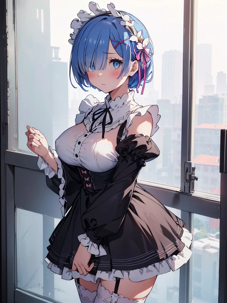 (1girl, NSFW, a girl whose clothes are torn and her genitals exposed, beautiful girl, beautiful face, look at viewer, humiliated, front face, rem, blue eyes, blue hair, hair ornament, hair over one eye, hair ribbon, short hair, x hair ornament apron, black ribbon, black sleeves, detached collar, detached sleeves, flower, frilled apron, frilled skirt, frills, head wreath, long sleeves, maid, miniskirt, neck ribbon, purple ribbon, ribbon, ribbon trim, ribbon-trimmed sleeves, roswaal mansion maid uniform, short hair, skirt, thighhighs, waist apron, white apron, white thighhighs,, huge ass, wide hips, large breasts, blush, sweat, realistic, huge breasts), (beautiful, masterpiece, super detailed, perfect lighting, shiny), (white wall, low angle