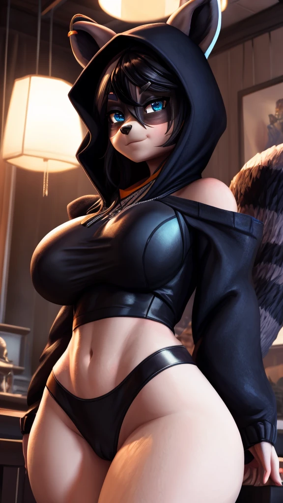 (mature:1.2) Style-Princess, best quality, expressive eyes, perfect face, sexy face, perfect hands, ultra detailed, snuffy \(vtuber\), SnuffyVRChatSwim, black leotard, leotard under clothes, cropped hoodie, hood down, long sleeves, blue eyes, large breasts, tail, raccoon ears, white shorts, virtual youtuber, long hair, hair over one eye, thigh strap, standing, black hair, bare shoulders, covered navel, sexy posing, virtual youtuber, 30 years old, 3nid_14, masterpiece, best quality, highest quality, cinematic lighting, (volumetric lighting), extremely detailed CG unity 8k wallpaper, focused, 8k wallpaper, 4k wallpaper, extremely detailed, ultra realistic, photorealistic, sharp focus, absurdres, (HDR:1.2), (high contrast), photograph, detailed and intricate, instagram, portrait, highly detailed, digital painting, artstation, concept art, smooth, sharp focus, illustration, cinematic lighting,