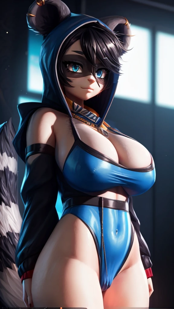 (mature:1.2) Style-Princess, best quality, expressive eyes, perfect face, sexy face, perfect hands, ultra detailed, snuffy \(vtuber\), SnuffyVRChatSwim, black leotard, leotard under clothes, cropped hoodie, hood down, long sleeves, blue eyes, large breasts, tail, raccoon ears, white shorts, virtual youtuber, long hair, hair over one eye, thigh strap, standing, black hair, bare shoulders, covered navel, sexy posing, virtual youtuber, 30 years old, 3nid_14, masterpiece, best quality, highest quality, cinematic lighting, (volumetric lighting), extremely detailed CG unity 8k wallpaper, focused, 8k wallpaper, 4k wallpaper, extremely detailed, ultra realistic, photorealistic, sharp focus, absurdres, (HDR:1.2), (high contrast), photograph, detailed and intricate, instagram, portrait, highly detailed, digital painting, artstation, concept art, smooth, sharp focus, illustration, cinematic lighting, 