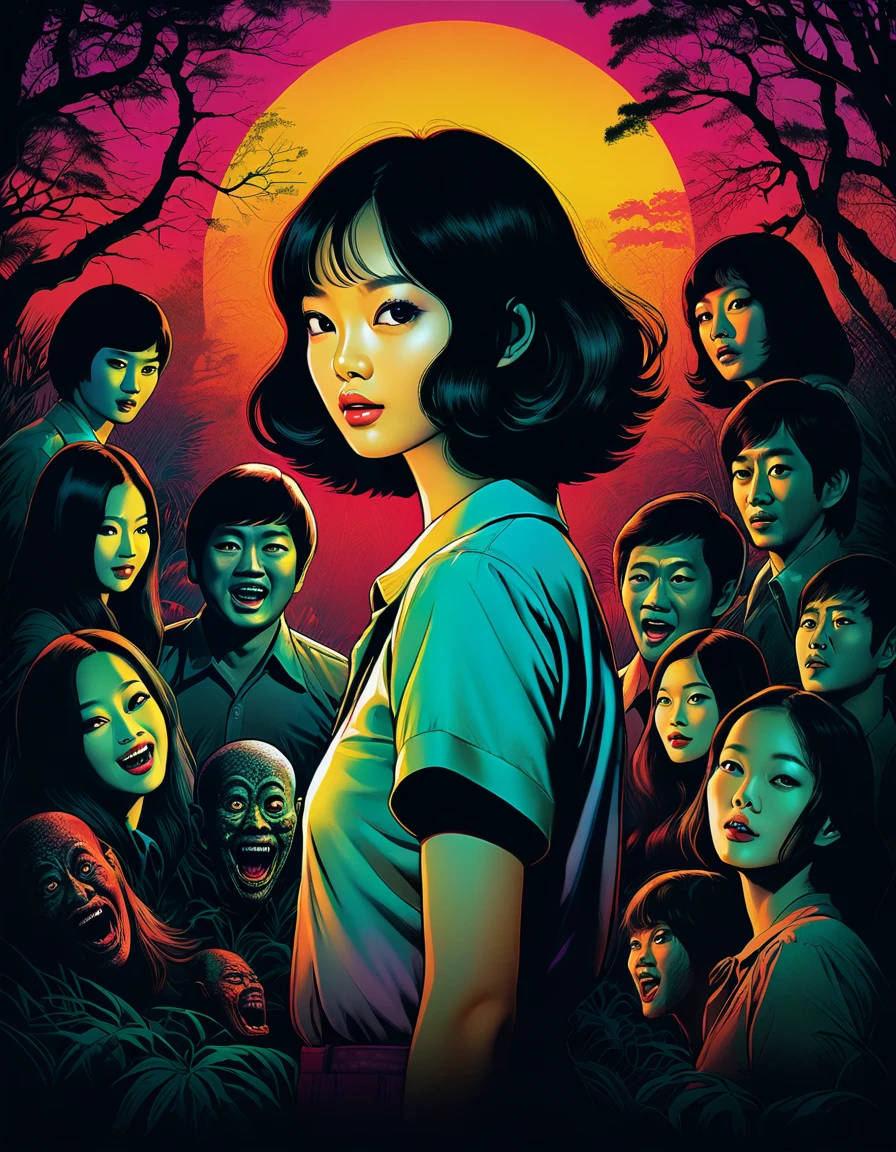 An illustration、art、70s Thai horror movie poster, Supervised by Junji Ito、High detail, Realistic Shadows、Analog Style, chromatic aberration, Surrealism、Complementary Gradient