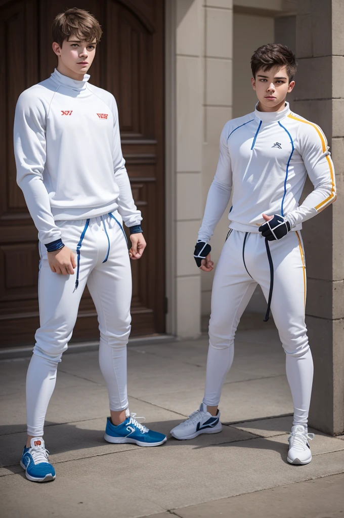 Create a realistic image of a couple of age boys dressed in fencing outfits