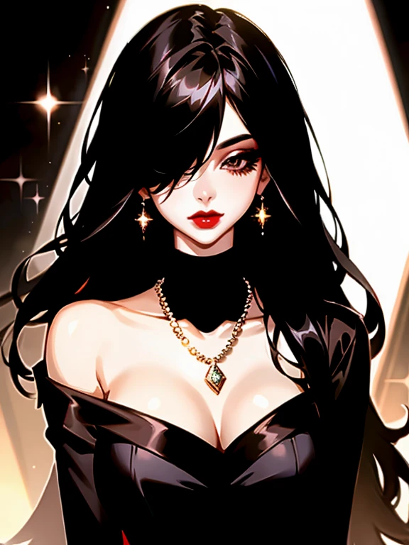 1girl in, solo, Jewelry, black hair, necklace, red-lips, Long hair, covered eyes, lipstick, makeup, upper-body, closed mouth, черное dress, hair above one eye, clavicle, Dress,black theme,bad-girl, large breasts,sparkly skin,(mature female),chic