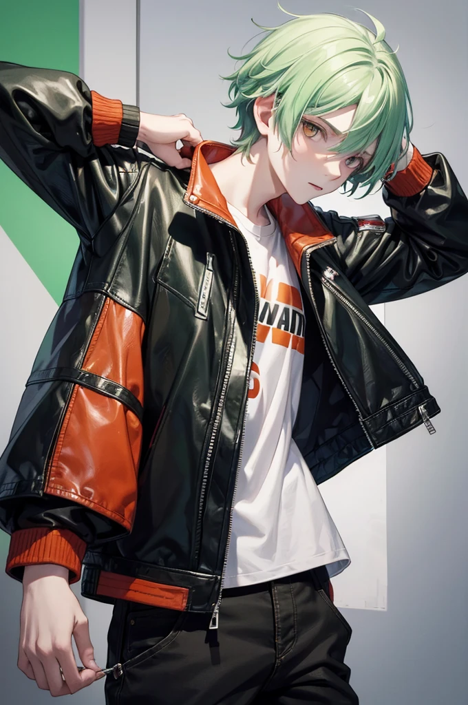 young teenage man with pale skin, completely WHITE eyes, green hair with some strands painted orange and red, wearing casual and comfortable clothes, wearing a black leather jacket with his hands inside the pockets