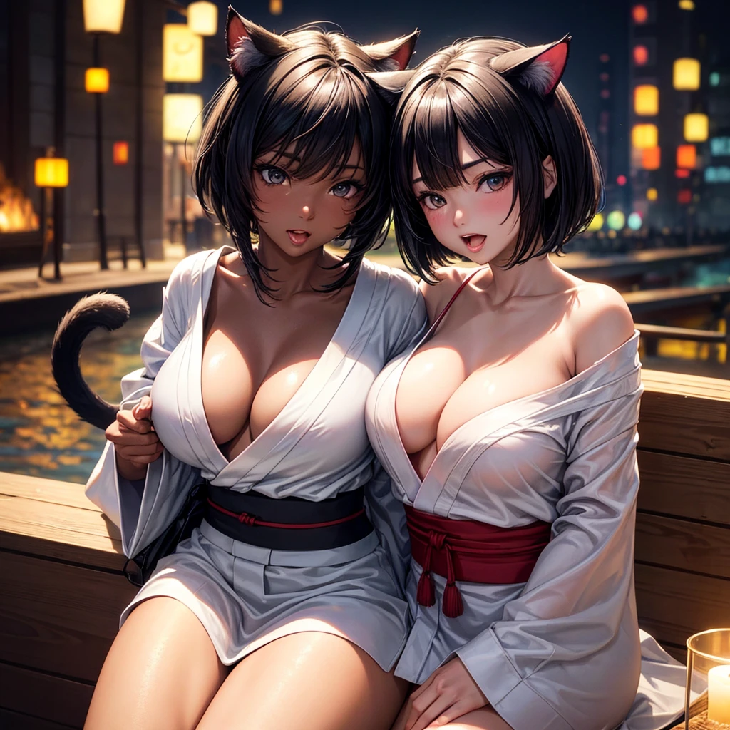 one mature neko, tanned skin, black bob hair, cat ears, black eyes, open mouth, licking, night, white sexy japanese kimono, sitting on boat, best quality, 4k, 8k, highres, masterpiece:1.2, ultra-detailed, realistic, photorealistic, photo-realistic:1.37, HDR, UHD, studio lighting, ultra-fine painting, sharp focus, physically-based rendering, extreme detail description, professional, vivid colors, bokeh