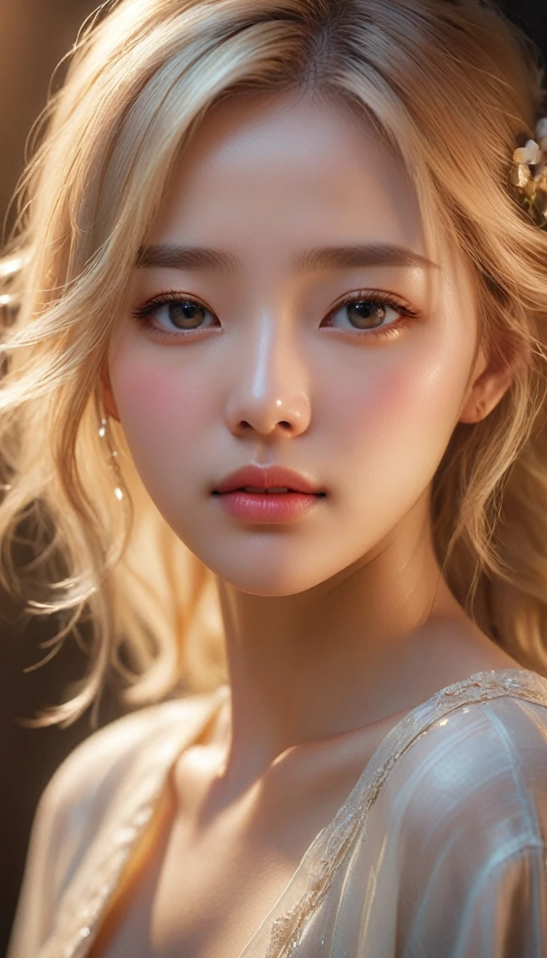 The upper body of a beautiful young blonde woman with a tear running down her cheek。Her eyes were filled with deep emotion、It should shine with unshed tears。Her skin is smooth and radiant、It should have detailed textures that enhance realism。The lighting is soft and warm、It gives off a gentle glow that accentuates her delicate features and tears.。The background is softly blurred、Full focus on expressive faces。To add to the overall beauty and emotion of the scene、Include subtle details like the stray hairs that softly frame her face.,(masterpiece:1.3)、(Highest quality:1.4)、(Super detailed:1.5)、High resolution、Very detailed、A unified 8k wallpaper、