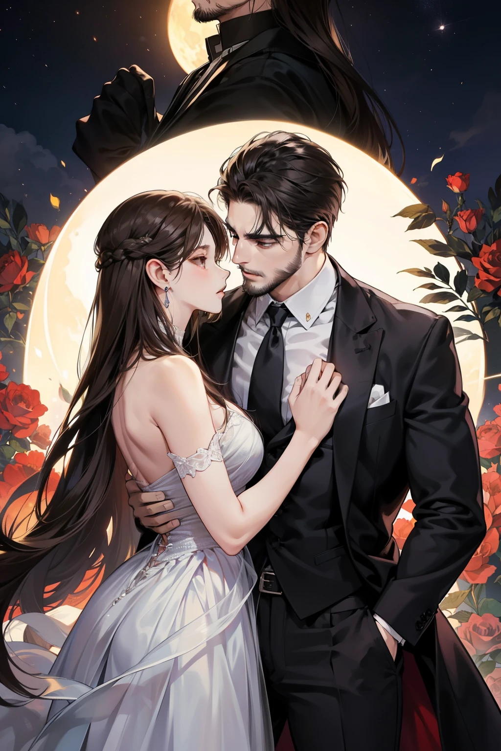 "**Creada por: Midoru**
(masterpiece, best quality)

The scene is a captivating, romantic moonlit night. A stunning, sensual couple is at the center, exuding an air of love, affection, and a hint of dominance. The man, with his imposing stature, short black hair, and defined six-pack, possesses an aura of elegance and danger, a mafia man with an outlined beard that accentuates his sensual, seductive expression. The woman, a delicate, fragile-looking goddess, has long, straight dark brown hair and striking dark brown eyes. Her skin is light, and she wears a