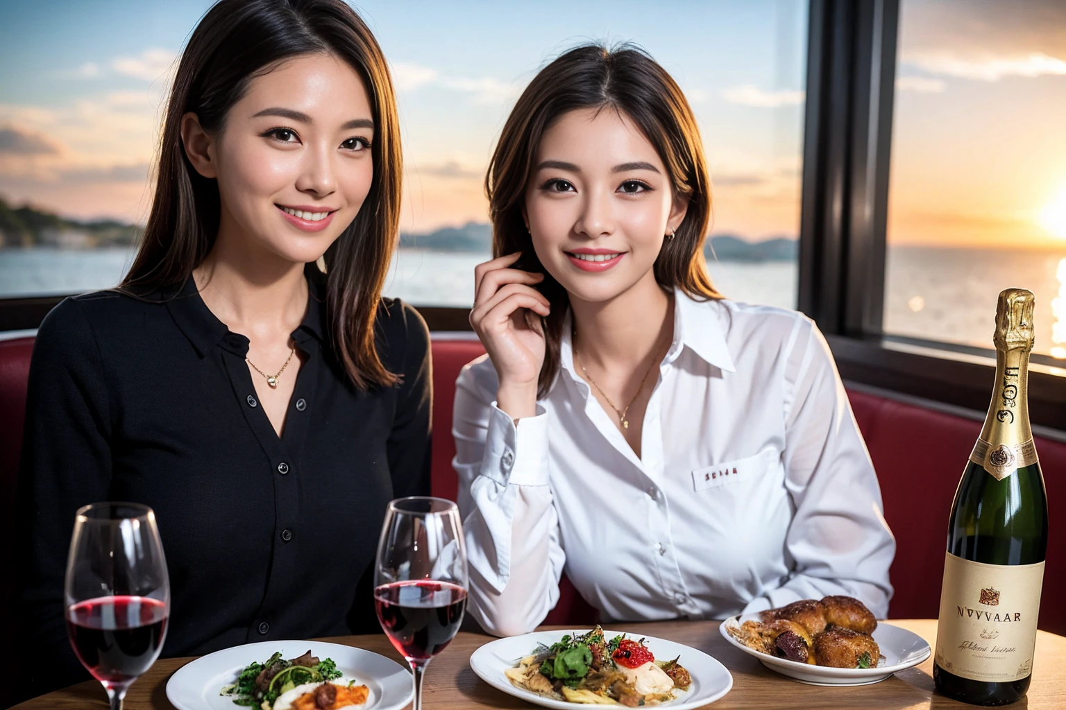 ((Highest quality、、masterpiece:1.3))、1 male 1 female、Slim lover、Beautiful couple、Smile、full-course dinner、 (Slim face), (the body is スリム), (Brown Hair), (Shortcuts), テーブルの上のwine glass、Shine light on your face、 Amazing view of the sunset sky and clouds、The beauty of a smile、Bright image、Blushing, Shortcuts, (Age 35), 39 years old, Appetizers、Italian food、Wine bottle、Champagne、sparkling wine、Long sleeve shirt、dress、Attractive beauty、restaurant, Nova Frog Style, actress, model, Upper Body, White wine, red wine, wine glass,