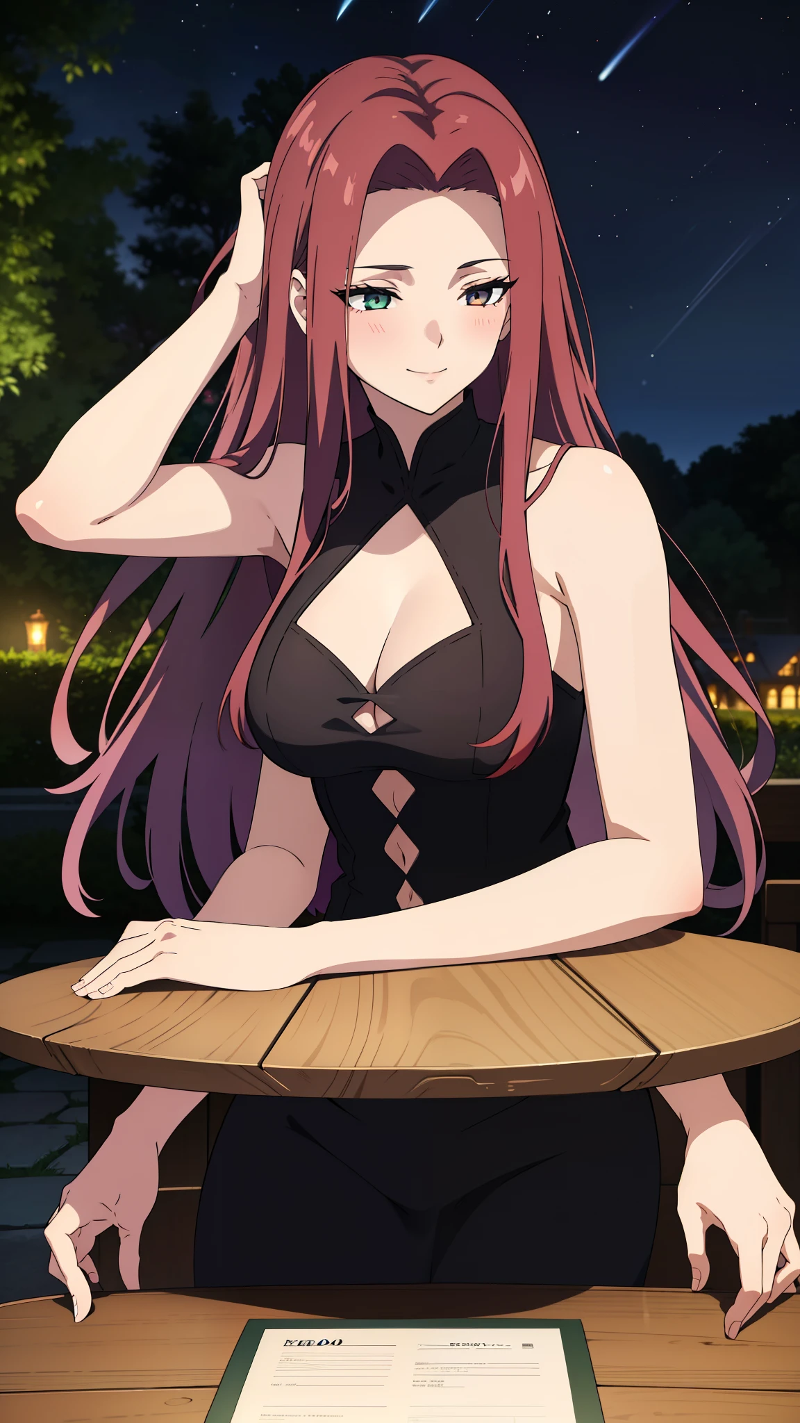 (1girl,20 years old),red hair,long hair,medusa hair,black elegant outfit, sleeveless,bare shoulders,smile,sexy,sensual,beautiful,cute,blush,extra arms,four arms,cleavage,pov across table,table,hand_on_own_face, head_rest, hand_on_own_cheek,at a party in a garden,night,looking at view,loving,dreamy, colorful, whimsical, magical, masterpiece, best quality, sharp focus, intricately detailed environment, fine detail, 8k resolution, glowing lights,starry Night,