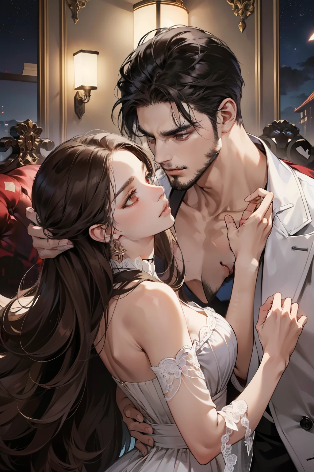 "**Creada por: Midoru**
(masterpiece, best quality)
The scene is a captivating, romantic moonlit night. A stunning, sensual couple is at the center, exuding an air of love, affection, and a hint of dominance. The man, with his imposing stature, short black hair, and defined six-pack, possesses an aura of elegance and danger, a mafia man with an outlined beard that accentuates his sensual, seductive expression. The woman, a delicate, fragile-looking goddess, has long, straight dark brown hair and striking dark brown eyes. Her skin is light, and she wears a