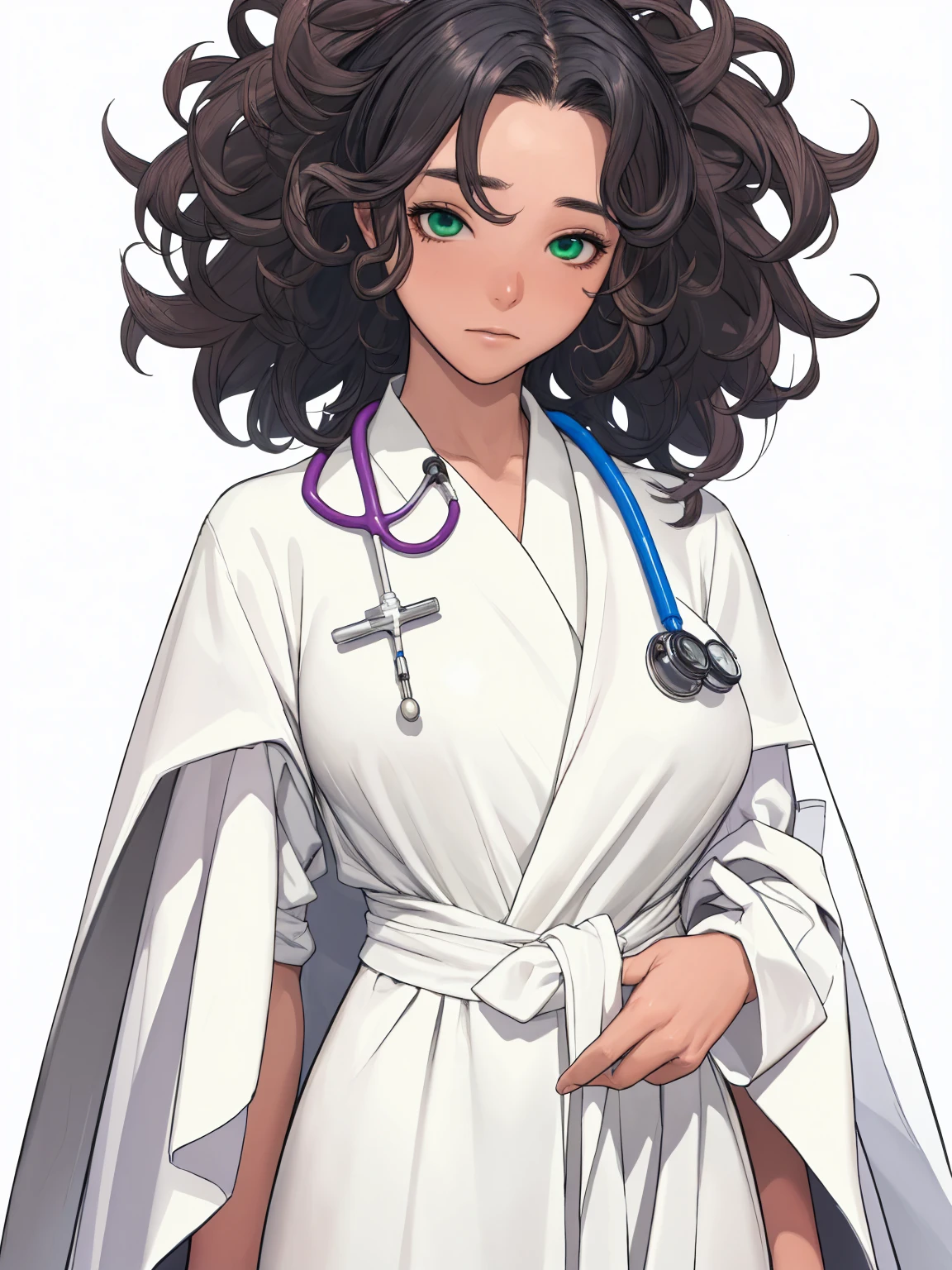 ((work of art, high qualiy, absurdrez) 1womanl, Bblack hair, curly hair, Afro-curly hair, greeneyes, a perfect face, the perfect body, breasts big, short in stature, very dark skin, Hindu woman, only, ((best qualityer)), ((work of art)), (detailded:1.4), detailded eyes and face, white robe, uniforme Doctor, Traje de Doctor, Doctor, hospital, Emergency Physician