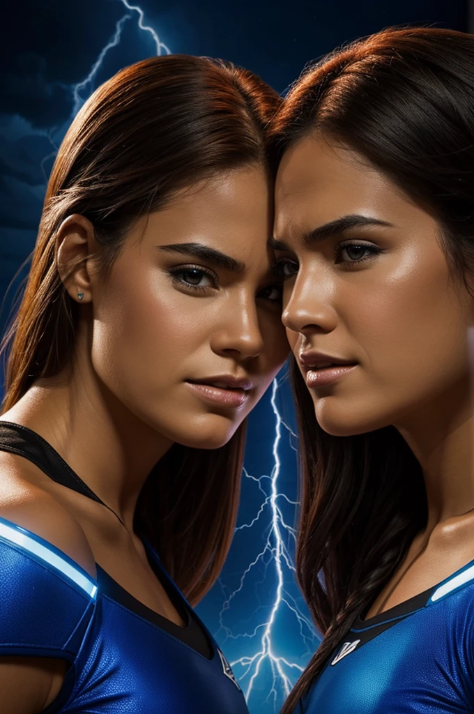 two women's faces between thunder and that say "Team Tormenta" with dice and background lights