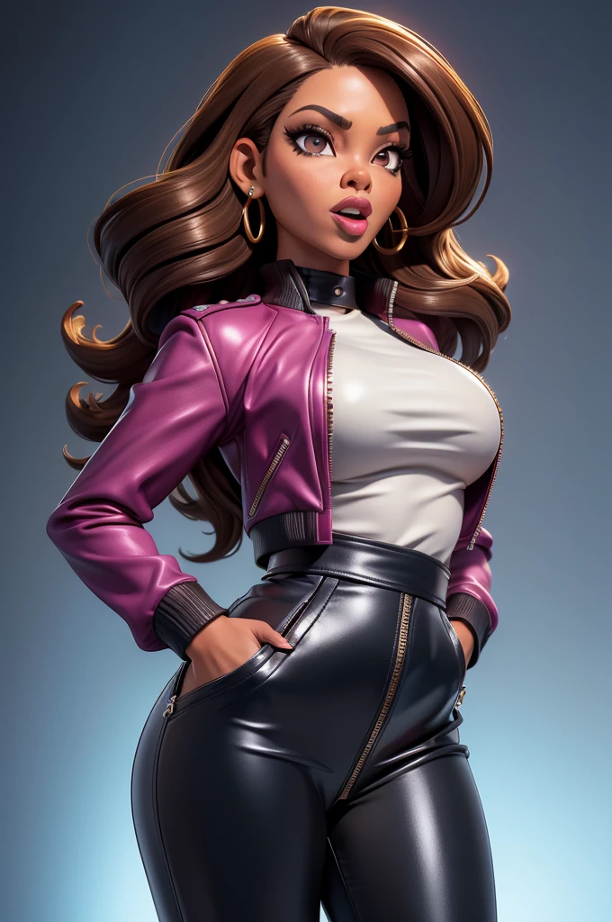 obra prima, melhor qualidade, ((only one woman,)) ((sunny hostin, dark skin, very kinky brown hair,)) head back, (frown, sassy wicked sultry sneer, open mouth, pucker mouth,) sunglasses, thick smoky black eye shadow, long fake eyelashes, sticking tongue out, ((magenta leather jacket with puff shoulder,)) biker jacket has stiff collar, leather blouse, ((gold silver leather sweater dress, metallic leather sun dress, leather culottes,)) periwinkle blazer length leather coat, ((cerulean blue pvc skirt, pockets, zipper side,)) studs zippers snaps, shiny leather gloves, nip slip, body is skinny, shiny tight buttocks, arched back, camera view of whole body, looking up at me, shallow depth of field, highres, HD, 8k, anatomically correct