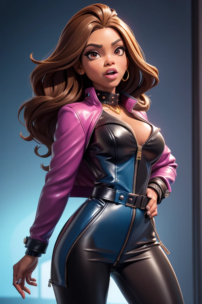 obra prima, melhor qualidade, ((only one woman,)) ((sunny hostin, dark skin, very kinky brown hair,)) head back, (frown, sassy wicked sultry sneer, open mouth, pucker mouth,) sunglasses, thick smoky black eye shadow, long fake eyelashes, sticking tongue out, ((magenta leather jacket with puff shoulder,)) biker jacket has stiff collar, leather blouse, ((gold silver leather sweater dress, metallic leather sun dress, leather culottes,)) periwinkle blazer length leather coat, ((cerulean blue pvc skirt, pockets, zipper side,)) studs zippers snaps, shiny leather gloves, nip slip, body is skinny, shiny tight buttocks, arched back, camera view of whole body, looking up at me, shallow depth of field, highres, HD, 8k, anatomically correct