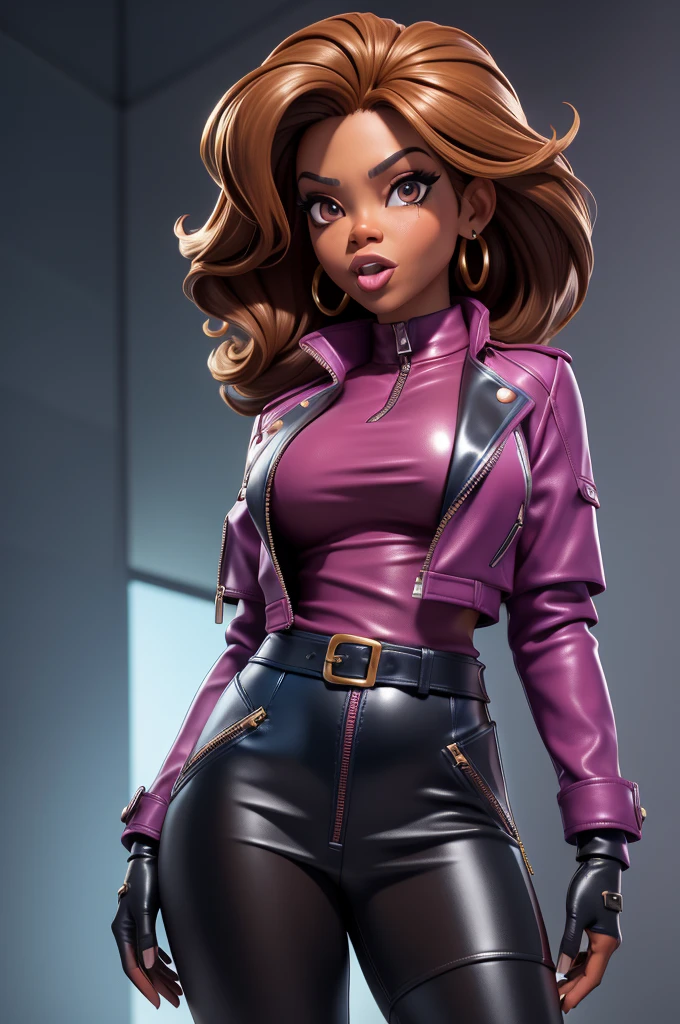 obra prima, melhor qualidade, ((only one woman,)) ((sunny hostin, dark skin, very kinky brown hair,)) head back, (frown, sassy wicked sultry sneer, open mouth, pucker mouth,) sunglasses, thick smoky black eye shadow, long fake eyelashes, sticking tongue out, ((magenta leather jacket with puff shoulder,)) biker jacket has stiff collar, leather blouse, ((gold silver leather sweater dress, metallic leather sun dress, leather culottes,)) periwinkle blazer length leather coat, ((cerulean blue pvc skirt, pockets, zipper side,)) studs zippers snaps, shiny leather gloves, nip slip, body is skinny, shiny tight buttocks, arched back, camera view of whole body, looking up at me, shallow depth of field, highres, HD, 8k, anatomically correct