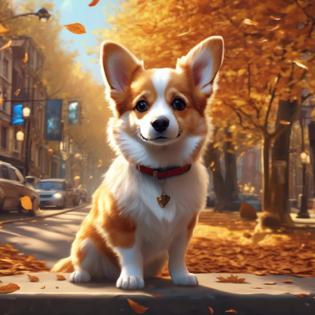 Highest quality：1.2），（masterpiece：1.2），（Realistically：1.2），Close-up photo，Realistic small dog looking at camera，Trees along the street々，Fluttering fallen leaves，Very cute jumping puppy，Corgi，Soft volume light，（View your viewers：1.3），（Light from the rear window causes backlighting：1.3）， （Cinema Lighting：1.2），Intricate details，masterpiece