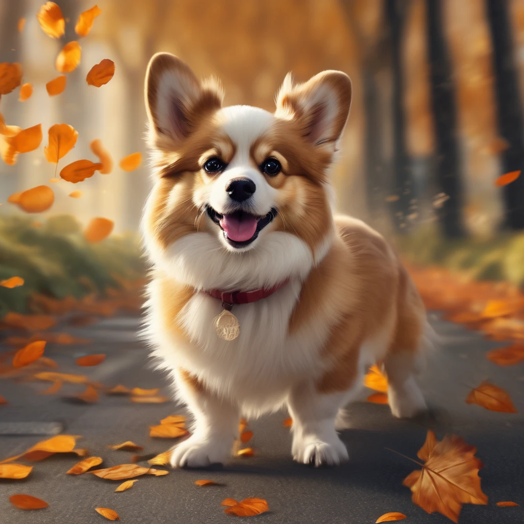 Highest quality：1.2），（masterpiece：1.2），（Realistically：1.2），Close-up photo，Realistic small dog looking at camera，Trees along the street々，Fluttering fallen leaves，Very cute jumping puppy，Corgi，Soft volume light，（View your viewers：1.3），（Light from the rear window causes backlighting：1.3）， （Cinema Lighting：1.2），Intricate details，masterpiece