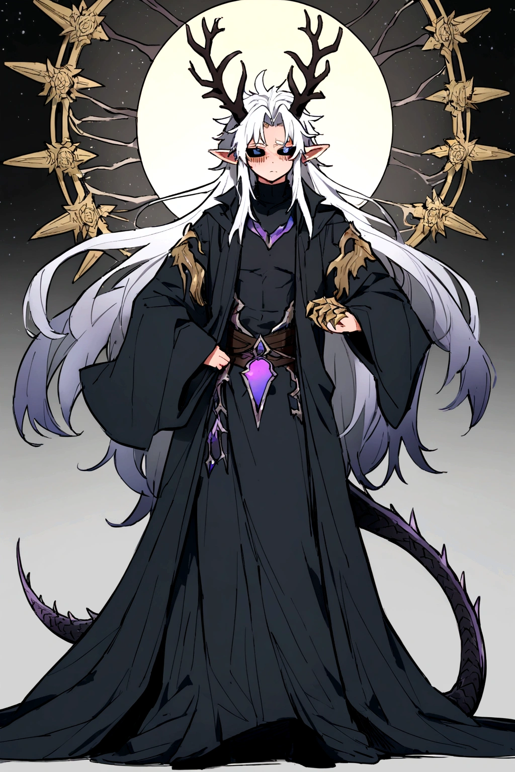 Solo, male teen, Character fusion: Nibelung fused with nidhoggr, odin and sun wukong, tall tanned man with wild unruly white hair, bangs on face, bangs, ((iridescent irises)), black sclera on eyes, long voluminous hair, spiky hair, pointy ears, fit , clawed fingers, dragon tail, open haori, turtleneck tanktop, dark crystal antlers, exhausted expression, khaenr'ah abyss, draconic person, calamity incarnate, full body