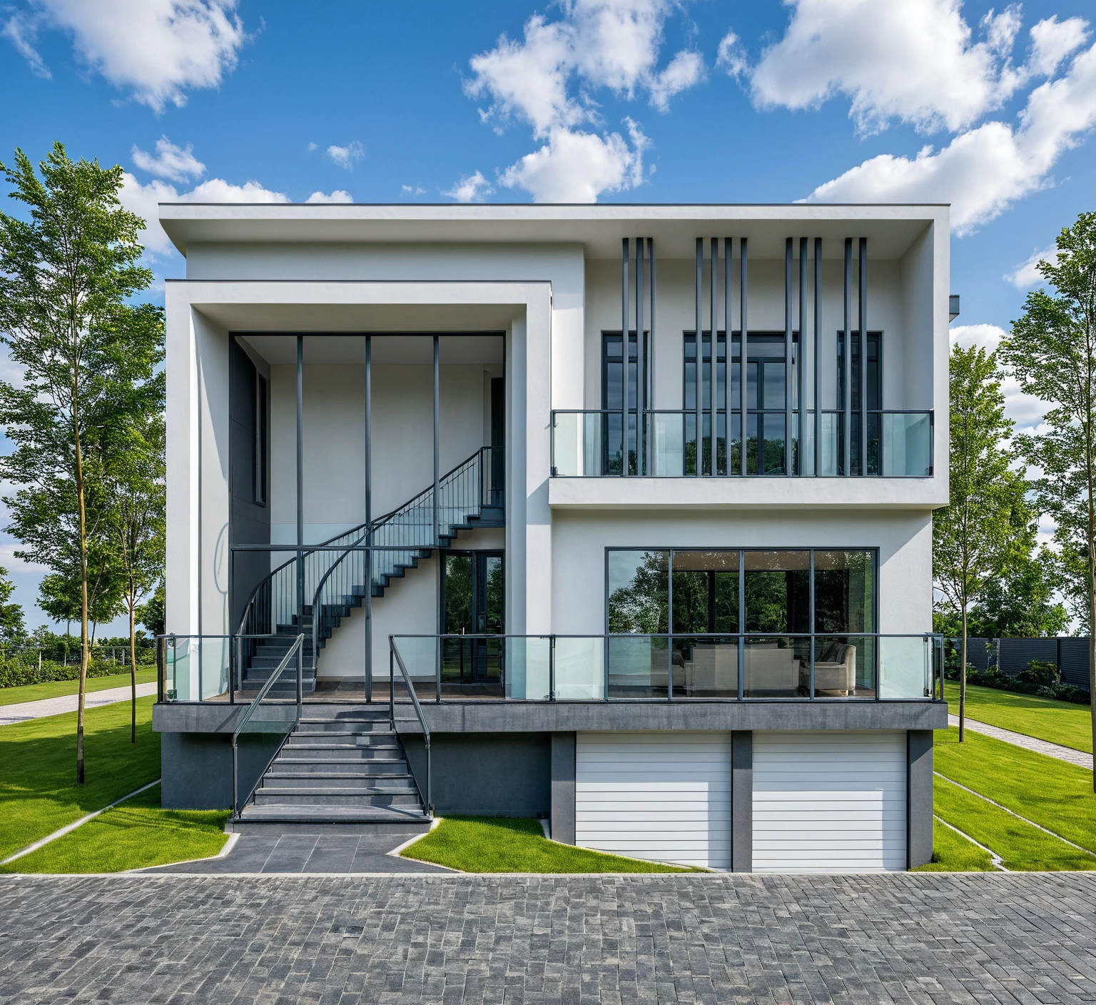 Masterpiece, high quality, best quality, authentic, super detail, outdoors, house style modern,bietthuhn, white wall, glass windows, gate road,pavement, grass, trees,blue sky, cloud, (day:1.1), realistic lighting