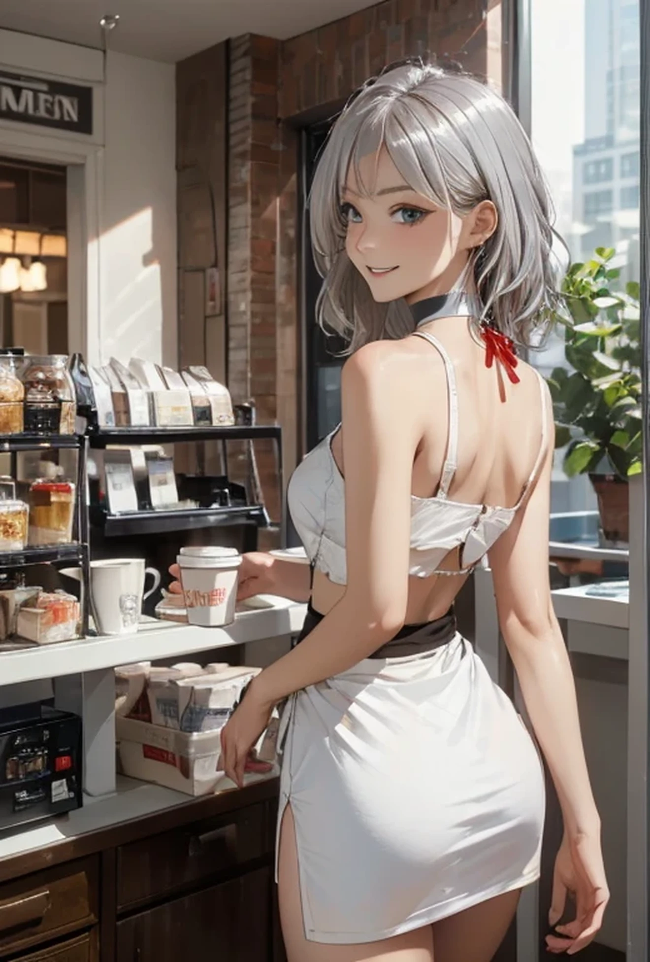 (Photorealistic:1.8, Highest quality:1.8,8K masterpiece:1.8,High resolution,Mastepiece:1.8,RAW Photos,Cinematic lighting)、Detailed Background、((Flat Color))、((colorful))、morning、maid Cafe、Window light、(Back view of a female store clerk holding a coffee cup)、TWICE's Tzuyu' on pause、
(choker、Maid clothes、Black Mini Skirt、Beautiful thighs、Beautiful hips)、(smile、A rich expression)、(Medium Hair、Beautiful, shining red, white, brown and silver hair:1.5)、Sparkling Blue Eyes、Random Pause