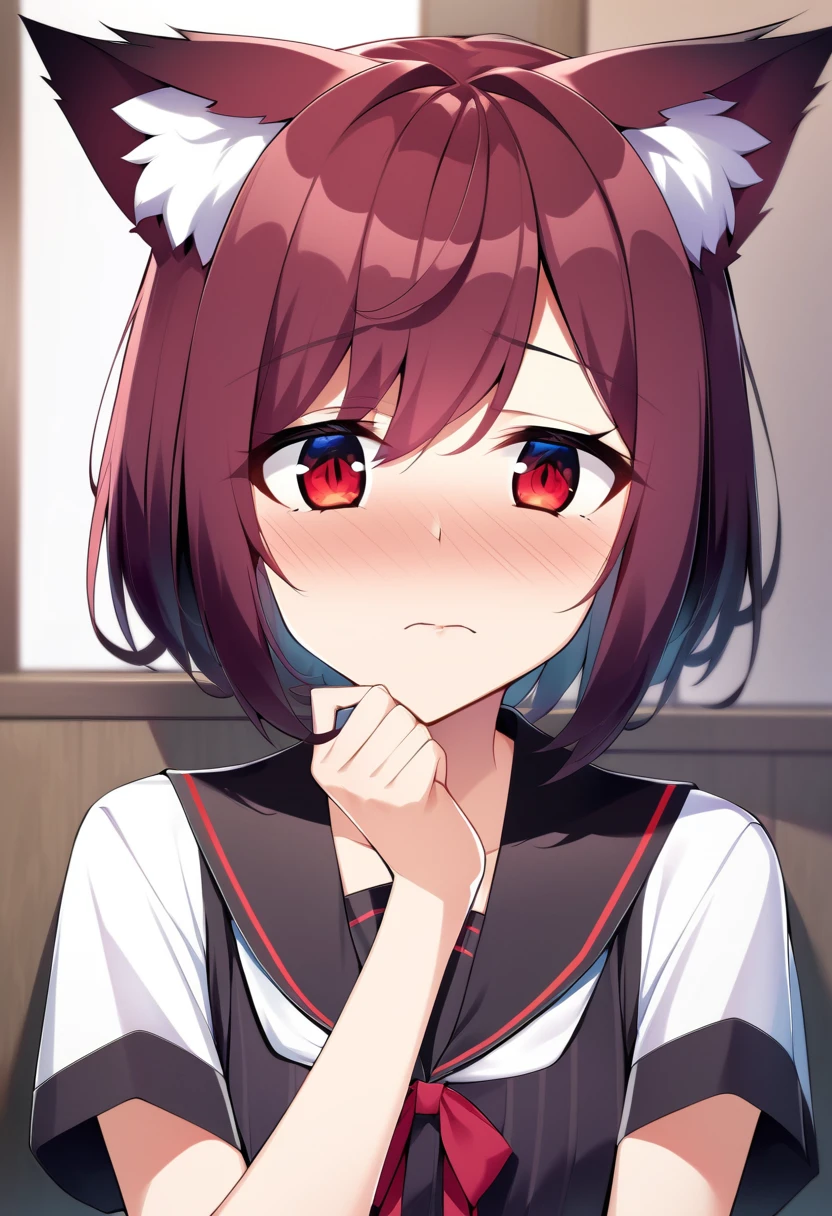 one girl, wolf ears, shy, naive, cute, girl is falling in loye with me, stare at me, beautiful red eyes, energetic girl, boyish, my student