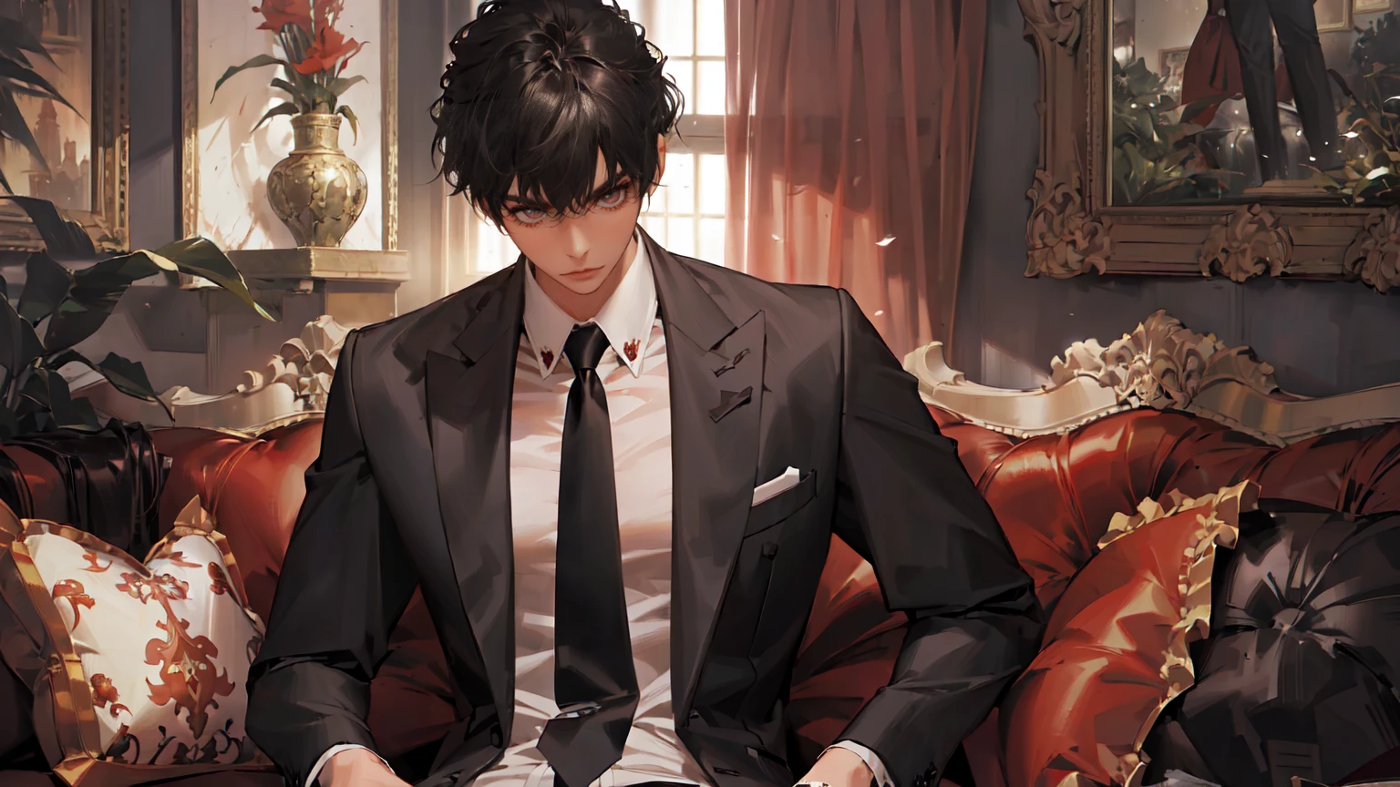 (Masterpiece, Best Quality, Ultra High Resolution , Digital Art,Beautiful and Aesthetic )Perfect proportions of the body , not an ordinary perspective . .the whole body is covered by clothes. (strict posture , One Fashionable adult girl with a short oblique bob, slender figure, expressive  look ) in modern men's suit in youth style , matte black color , lovely thin white but long tie , (silk thick threads of red color connect the necklines on the sides of the whole suit) , . The character sits on a large massive sofa with lots of leather , an interesting and atmospheric pose that characterizes the character ,(Photorealistic style combined 2.5D . realistic anatomy , beautiful perspective . Best image quality , pastel color , focus on the face , Big Hair ( black with red gelding ) , well detailed eyes , detailed background in modern boudoir style . )