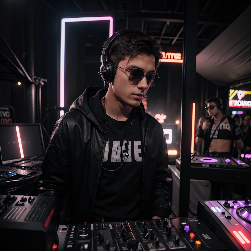 young man, 23 year old DJ, using large headphones, big dark glasses, putting sound at a rave ,ultrarealistic