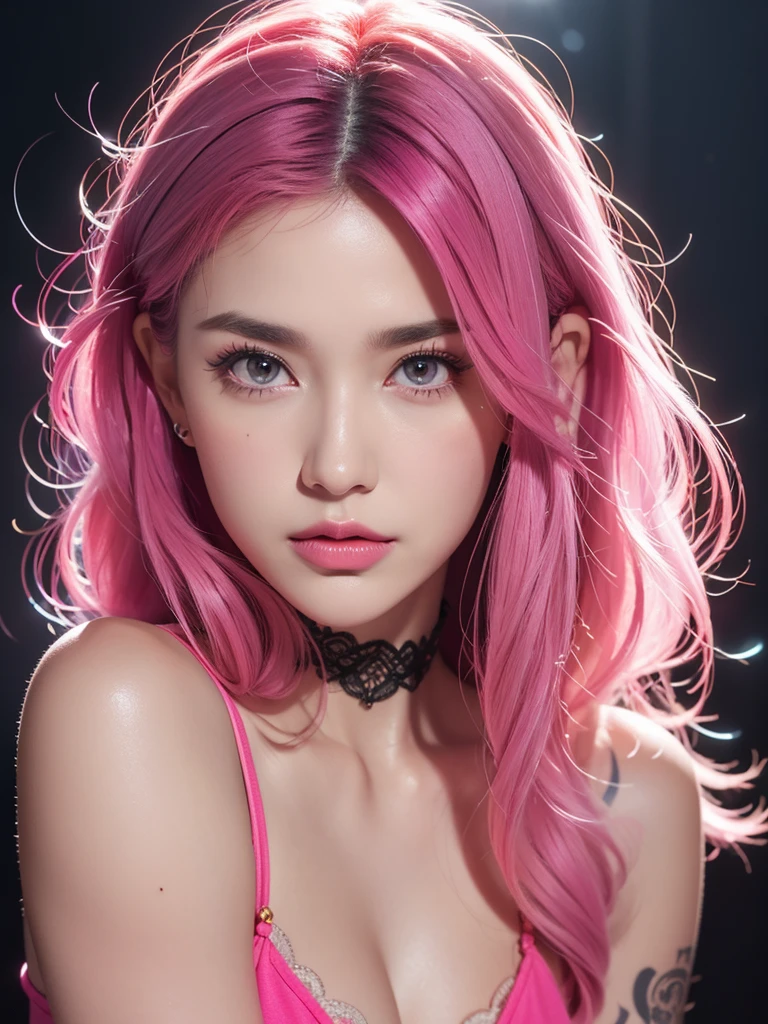 1girl, alone, solitary, high quality, (best quality,4k,8k,highres,masterpiece:1.2),ultra-detailed,(realistic,photorealistic,photo-realistic:1.37),gorgeous hair,fuchsia hair,long curly hair with bangs,sharp eyes,mole under the eye,plump lips,jewelry,(high detailed skin:1.4),(rim lighting:1.3),(lit:1.3),(sunny day:1.3),portrait,beautiful lips,waist-length hair,seductive gaze,moles,casual clothes,colorful clothing,close up,super long hair,choker necklace,tattoos,tattooed,light eyes,bangs,fringe,20 year old,dimples on the cheeks,dimples,neon pink hair,sharp eyebrows,neonhair,magenta hair,bright neon pink hair,lace,elegant,neon pink hair, neon pink,neonpink