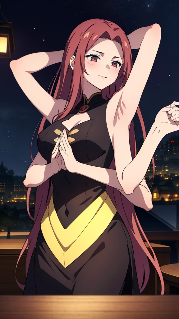 (1girl,20 years old),red hair,long hair,medusa hair,black elegant outfit, sleeveless,bare shoulders,smile,sexy,sensual,beautiful,cute,blush,extra arms,four arms,cleavage,pov across table,table,twintail,at a party in a garden,night,looking at view,loving,dreamy, colorful, whimsical, magical, masterpiece, best quality, sharp focus, intricately detailed environment, fine detail, 8k resolution, glowing lights,starry Night,