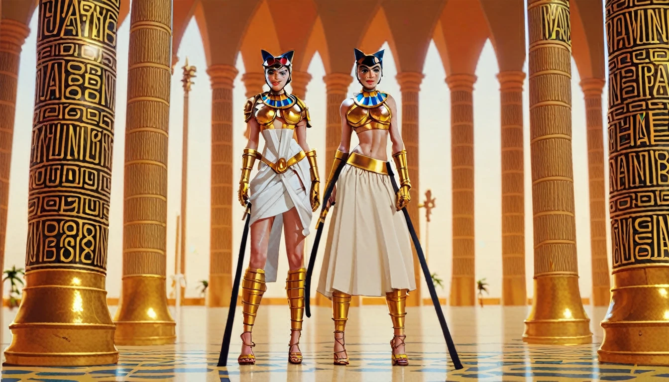 A cartoon cat in a white dress stands in front of a wall, 埃及Catwoman神, bet, Wearing golden cat armor, Catwoman, Egyptian God, Neferibido, anime Catwoman, Hieroglyphics, Hieroglyphicsics, Pharaoh, Catwoman, Sora is a cat, tabaxi, Cat from the void