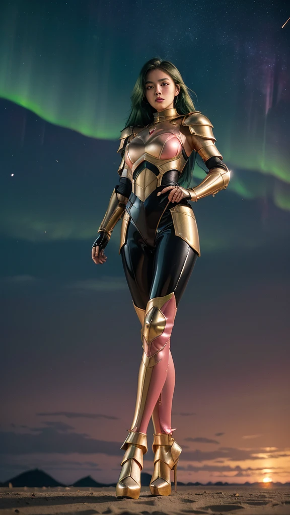 ((best quality)), ((masterpiece)), (ultra detailed lights), ((full body shot)), indonesian girl, extremely beautiful, ultra face details, 20 years old, ((green curvy-hair)), ((hair blown by strong winds :1.3)), Award-winning photograph, photography of a girl, slim face, extremely beautiful, ultra details armor, ultra details skin, sharp armor texture, crisp picture, ((full make ups)), ((pink blushing)), ((red lips)), ((wearing tight steel-armor)), ((full body armor)), ((tight latex panty)), ((thighs armor)), ((slim body shape)), ((24k-gold and black armor)), no head cover, ((symmetrical body pose)), model posing in the middle, night at beach, full of stars, red clouds, nebula, ((aurora borealis)), shooting stars, from below