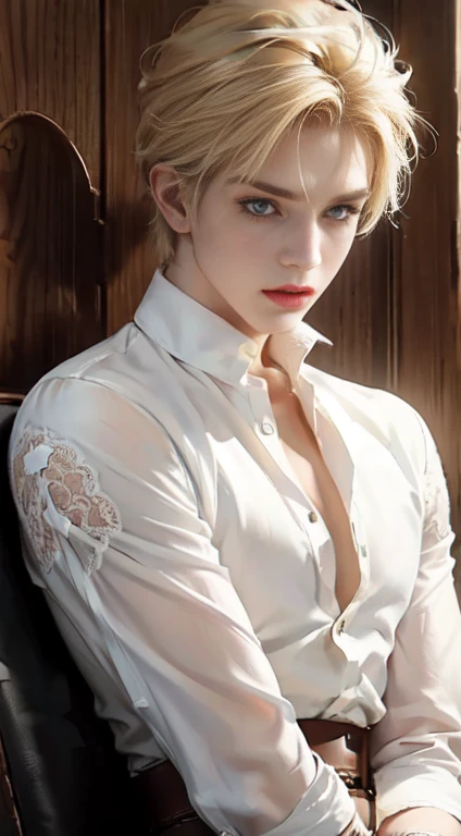 a man with light blonde hair, light yellow eyes and wears a white edged shirt with lace, has an angelic expression, looks androgynous, Fine Strokes, bonitas, 28 years old, leather pants, angelical