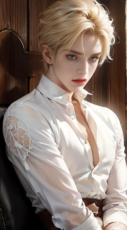 a man with light blonde hair, light yellow eyes and wears a white edged shirt with lace, has an angelic expression, looks androgynous, Fine Strokes, bonitas, 28 years old, leather pants, angelical