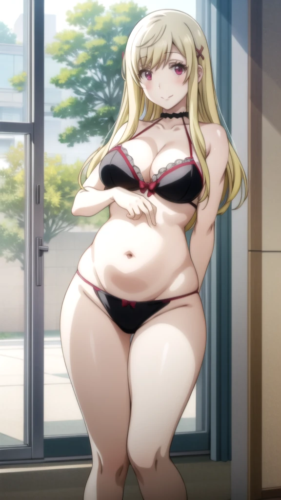 anime girl in lingerie posing in front of window with open window, seductive anime girl, beautiful and seductive anime woman, (anime girl), oppai, female anime character, beautiful seductive anime , With big breasts, Beautiful anime woman, she has a round belly, fat and wavy, Best Anime Girl, I will also make fanart., Yamada mocking smile_yellow, 1chica , by rubio, alone, wide, hair ornament, , smile, bow, red eyes my dress darling anime, beautiful seductress anime anime