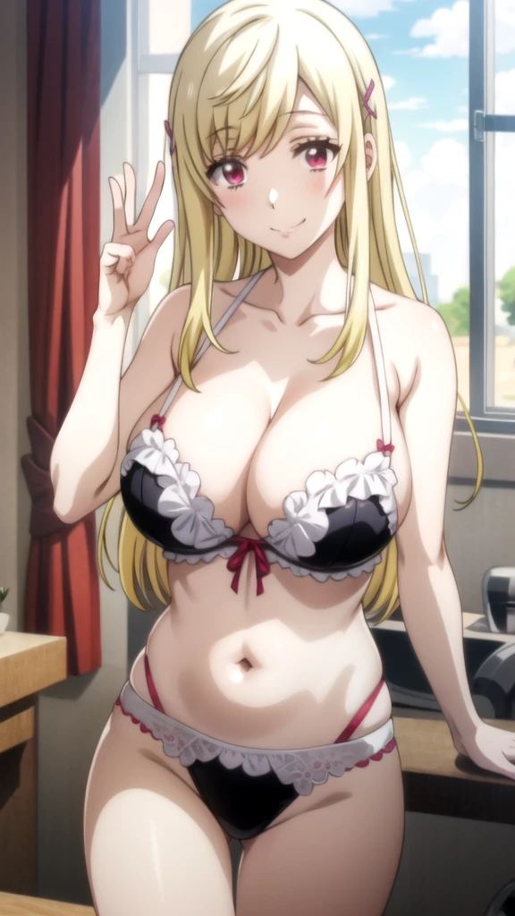 anime girl in lingerie posing in front of window with open window, seductive anime girl, beautiful and seductive anime woman, (anime girl), oppai, female anime character, beautiful seductive anime , With big breasts, Beautiful anime woman, she has a round belly, fat and wavy, Best Anime Girl, I will also make fanart., Yamada mocking smile_yellow, 1chica , by rubio, alone, wide, hair ornament, , smile, bow, red eyes my dress darling anime, beautiful seductress anime anime