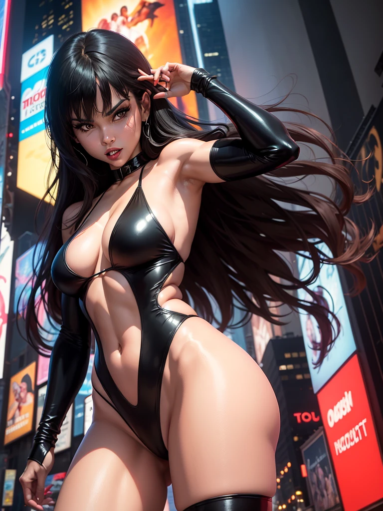 In New York, time Square, Vampirella is a vampire superhero, high pose, in a swimsuit, black swimsuit e capa, capa preta e black swimsuit, high pose, black swimsuit, black swimsuit, small thin swimsuit, 