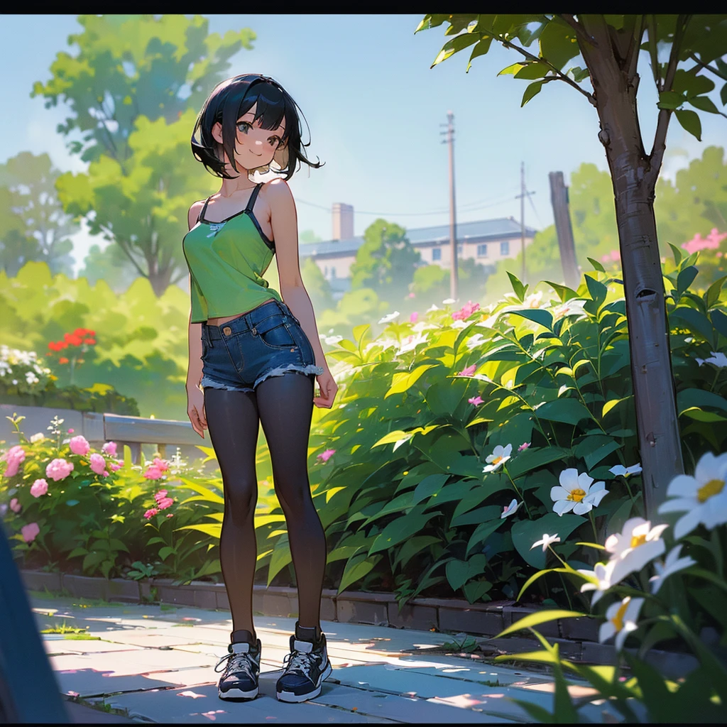 (high quality, High resolution, Very detailed, reality:1.37), Peaceful atmosphere, (Outdoor, garden),  girl standing alone, (my breasts are big.), Beautiful details, Cute Smile, (Black bob hair), camisole, Denim shorts, Black tights, sneakers.