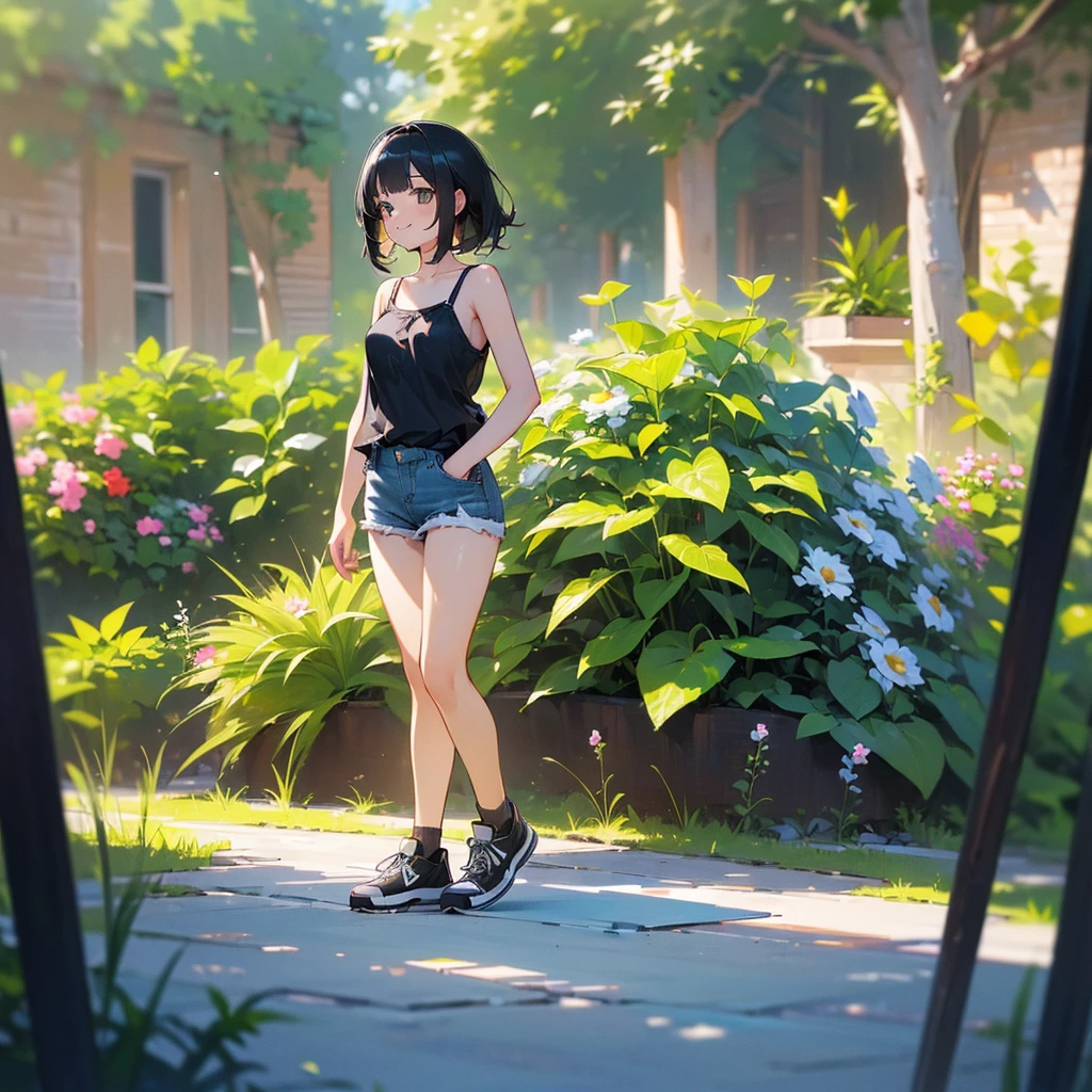 (high quality, High resolution, Very detailed, reality:1.37), Peaceful atmosphere, (Outdoor, garden), age girl standing alone, (my breasts are big.), Beautiful details, Cute Smile, (Black bob hair), camisole, Denim shorts, Black tights, sneakers.